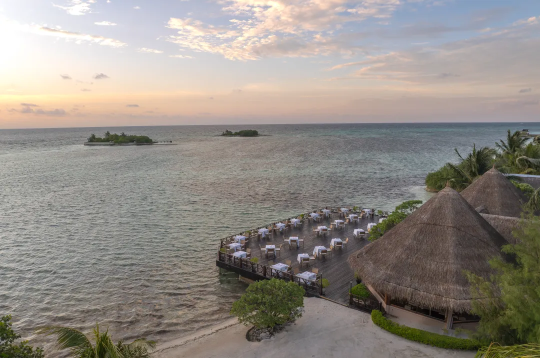 Hudhuranfushi - Sunset Restaurant - Ariel View