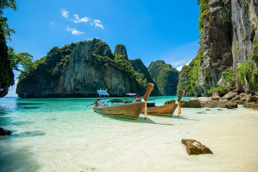 View of thai traditional longtail Boat over clear sea