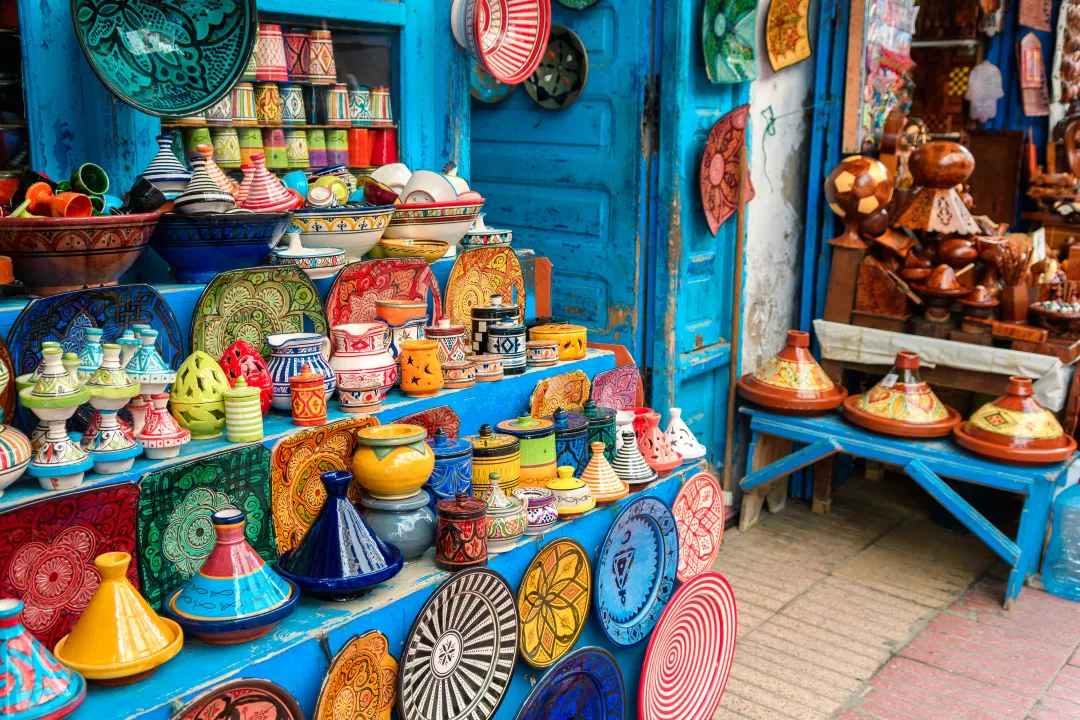 Colorful pottery at moroccan shop