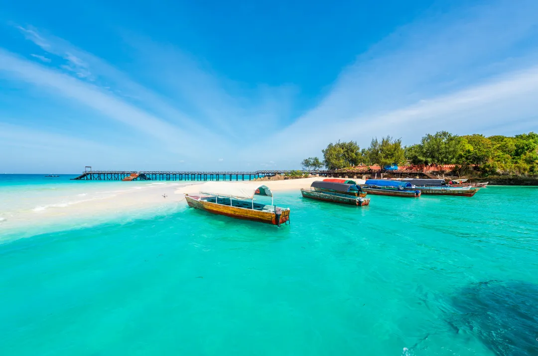 Colorful Exotic Seascape With Boats Near Zanzibar