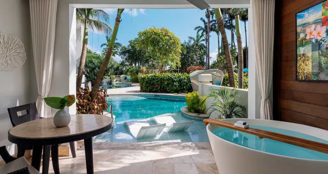 Crystal Lagoon Swim-Up Club Level Luxury Room with Patio Tranquility Soaking Tub - SLX - Terrace Lounge with Pool