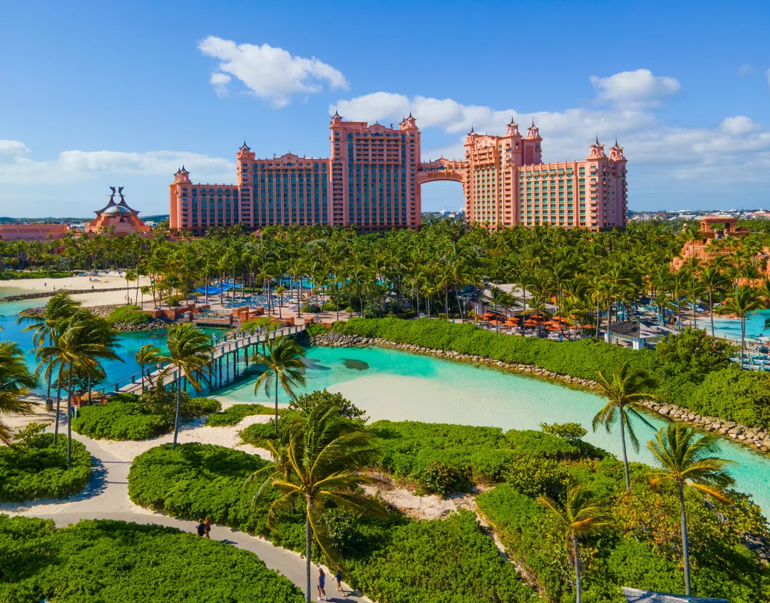Paradise Lagoon aerial view and The Royal Tower at Atlantis Hotel on Paradise Island, Bahamas.