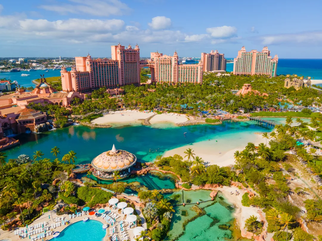 Paradise Lagoon aerial view and The Royal Cove Reef Tower at Atlantis Hotel on Paradise Island, Bahamas.