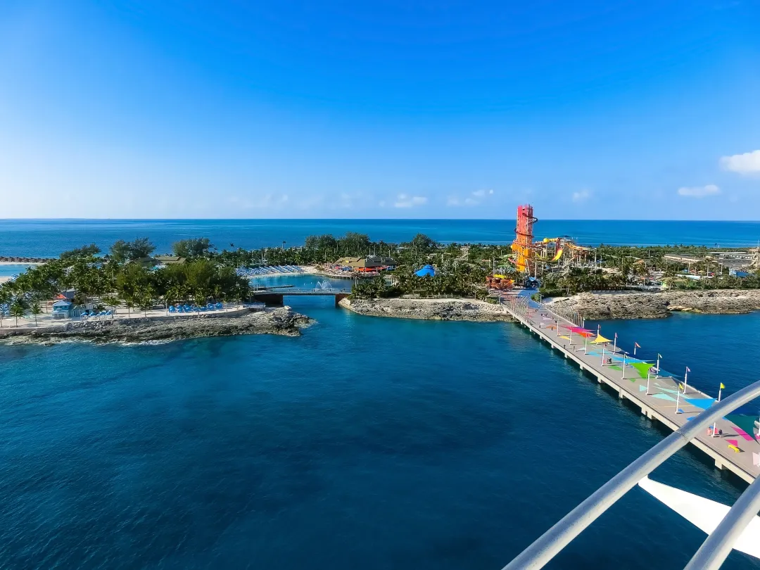 An aerial view of Cococay, the island at Bahamas, where guests can spend the day having fun.