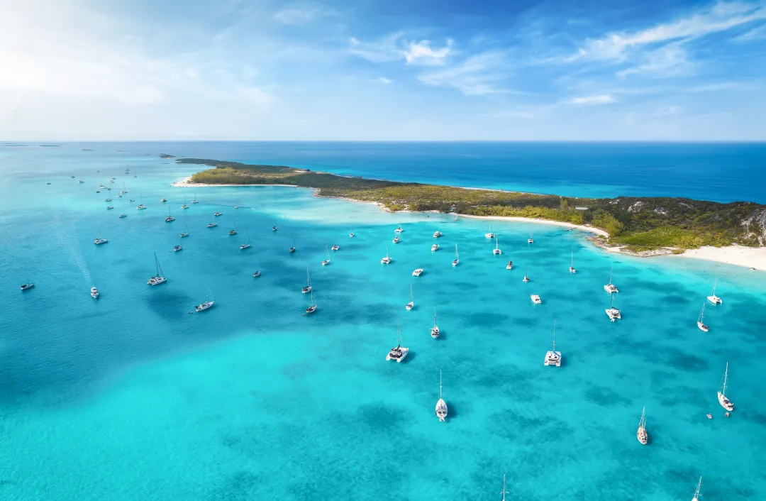 Aerial view of the coast of Stocking Island, The Exumas, Bahamas, with Starfish and Coconut beach
