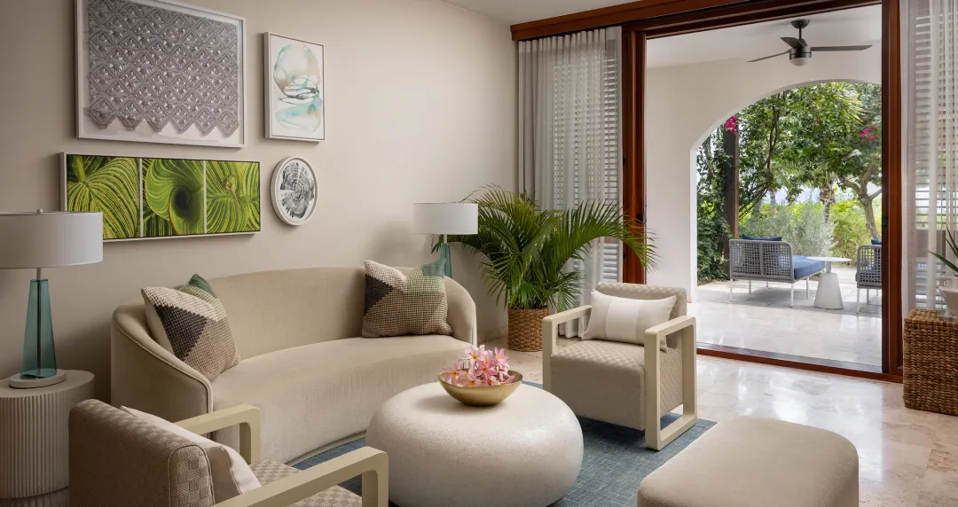 Melemele One Bedroom Butler Walkout Suite with Patio Tranquility Soaking Tub - Living Room View