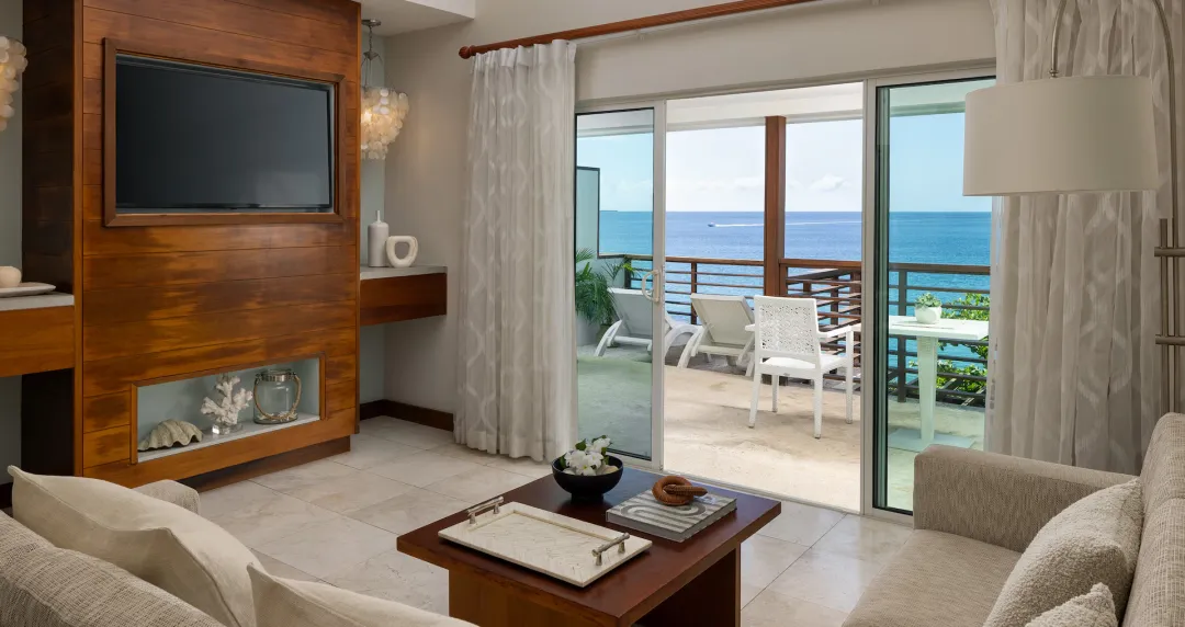 Oceanfront Two-Story One Bedroom Butler Villa Suite with Balcony Tranquility Soaking Tub - Living Room