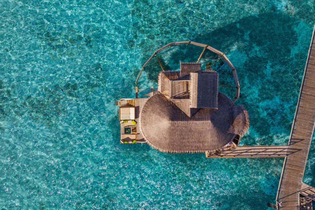 Odysseys Travel - Six Senses Laamu - Sunset Laamu Water Villa - Aerial View