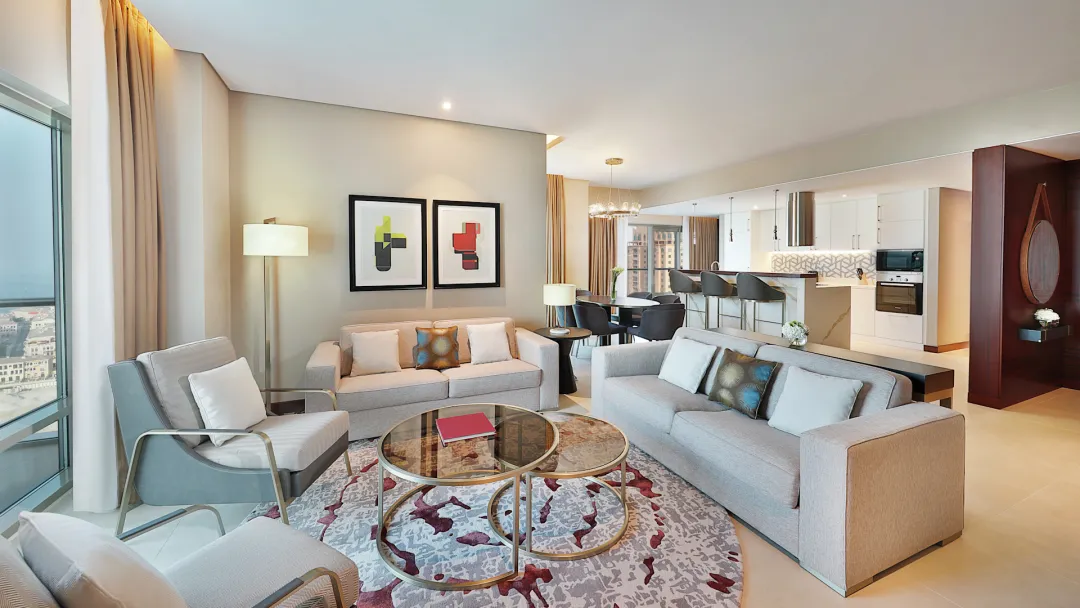 Odysseys Travel - Hilton Doha The Pearl - Rooms - Two Bedroom Skyline Suite Sea View with Balcony - Living Area