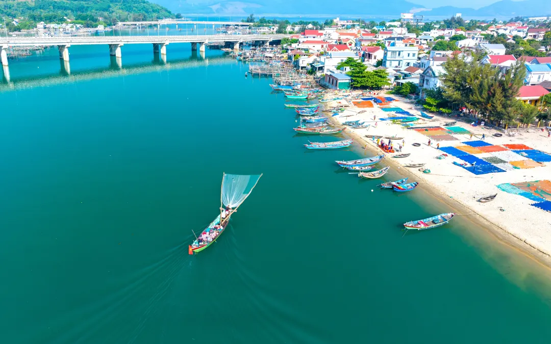 Lang Co Bay, Hue, Vietnam in the morning with a small fishing village peacefully below. 